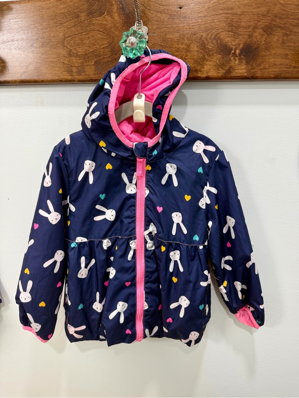 Cherokee Navy Bunny Print Hooded Puffer Jacket with Pink Trim